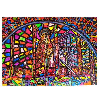 Solar and abstract Sainte Thérèse of Lisieux Pièce unique interprétation du vitrail de la porte d'entrée de l’église Notre-Dame de Lourdes à Chaville dans le 92 Peinture acrylique, stylo molotov, vernis brillant Sur support alu dibond format 50 x 70 cm Date de création : août 2023