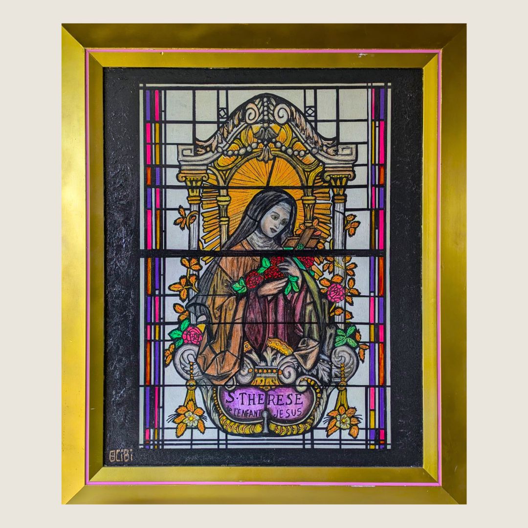 SAINTE THERESE VITRAUX (1) interprétation de sainte thérèse de lisieux, imprimée sur support aluminium, par claudine bucourt alias cibi